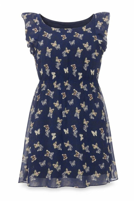 Yumi Womens Blue Geometric Polyester A-Line Size 12 Boat Neck Pullover - Butterfly Print