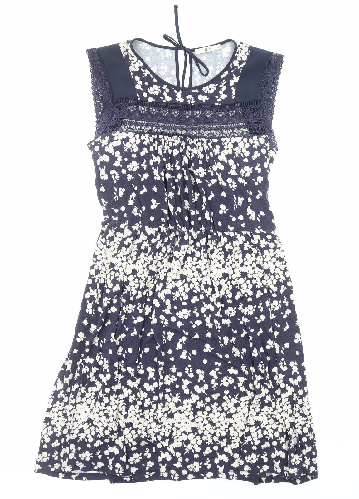 Oasis Womens Blue Floral Viscose A-Line Size M Boat Neck Pullover - Lace Trim