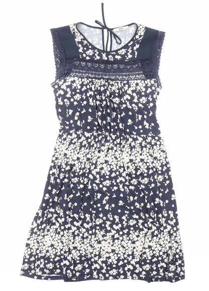 Oasis Womens Blue Floral Viscose A-Line Size M Boat Neck Pullover - Lace Trim