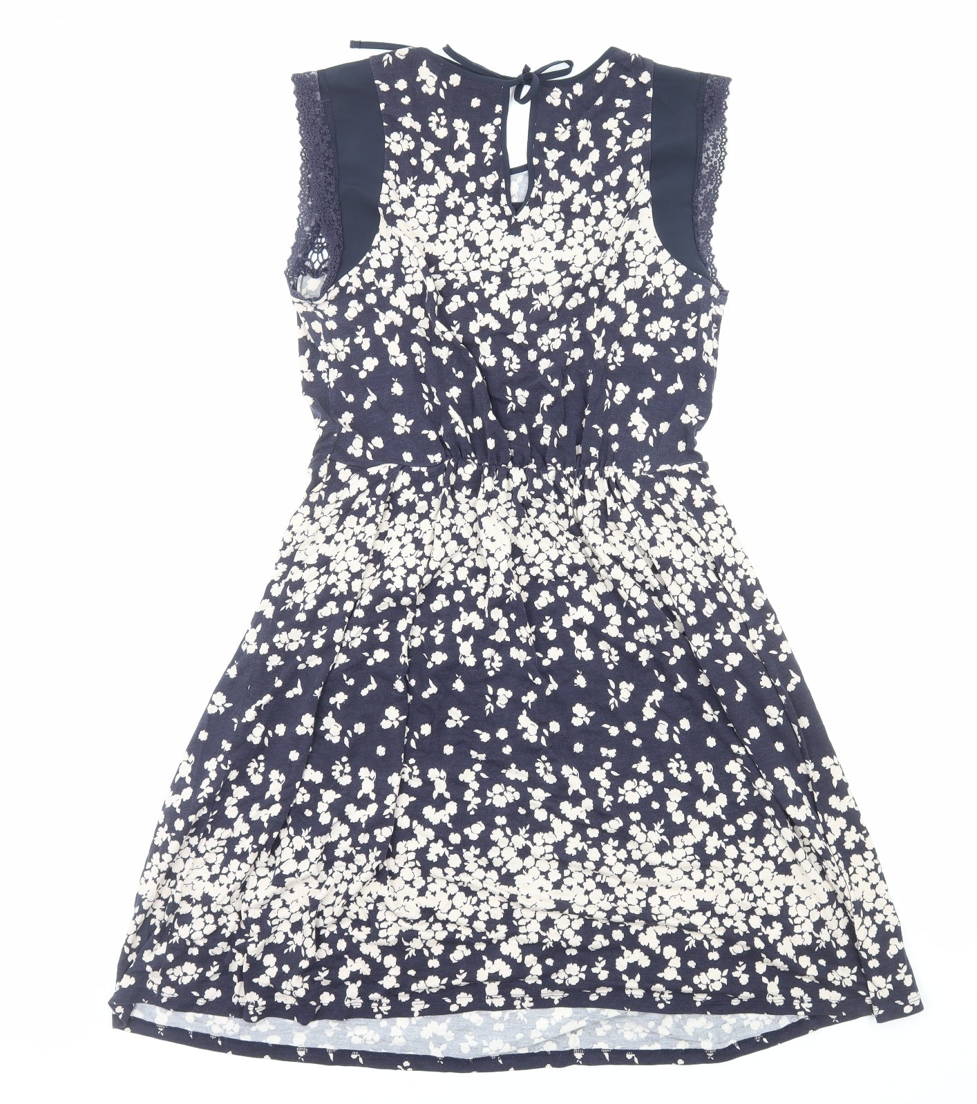 Oasis Womens Blue Floral Viscose A-Line Size M Boat Neck Pullover - Lace Trim