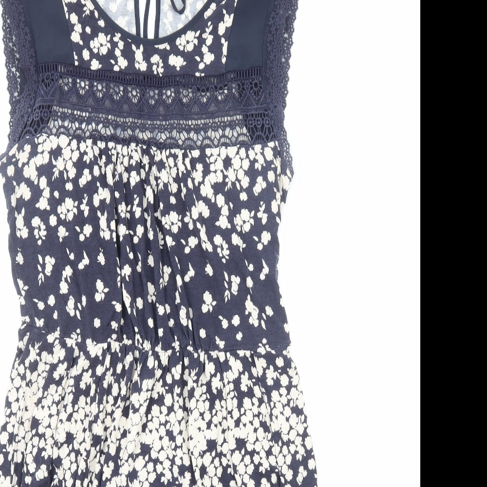 Oasis Womens Blue Floral Viscose A-Line Size M Boat Neck Pullover - Lace Trim