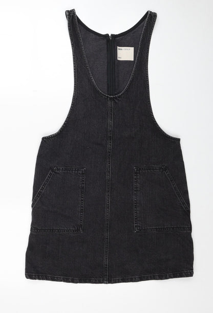 ASOS Womens Black Cotton Pinafore/Dungaree Dress Size 6 Scoop Neck Zip