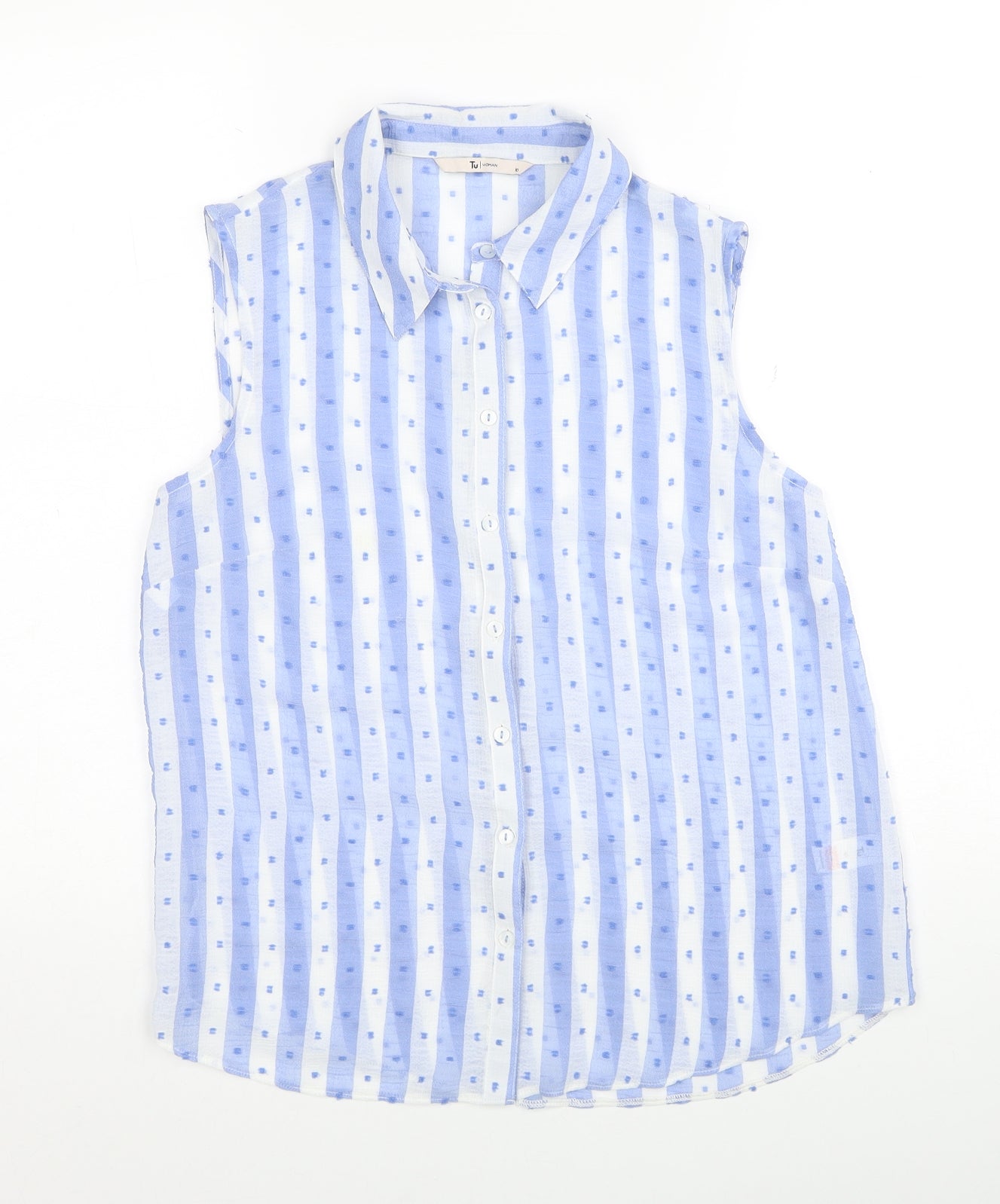 TU Womens Blue Striped Polyester Basic Button-Up Size 10 Collared