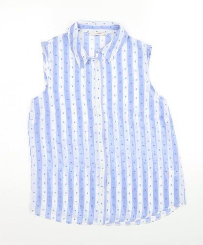 TU Womens Blue Striped Polyester Basic Button-Up Size 10 Collared