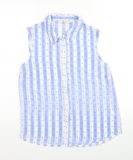 TU Womens Blue Striped Polyester Basic Button-Up Size 10 Collared