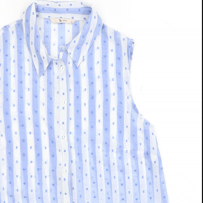 TU Womens Blue Striped Polyester Basic Button-Up Size 10 Collared