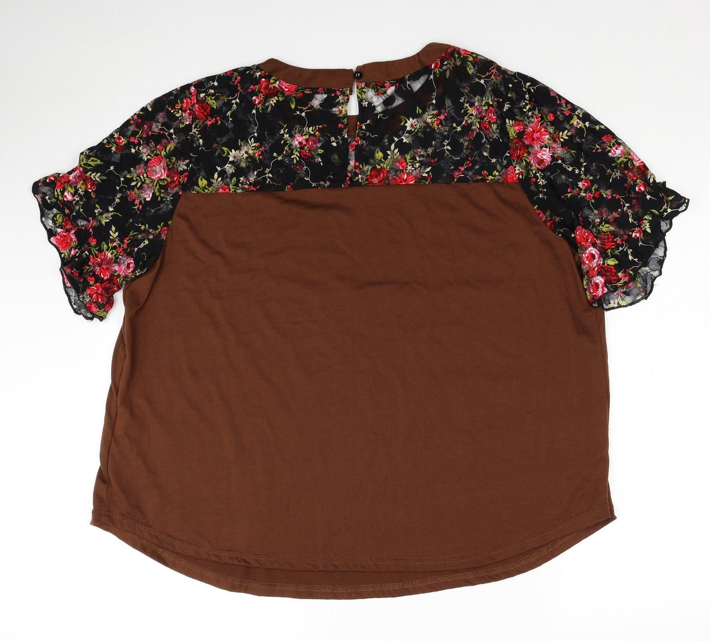 SheIn Womens Brown Floral Polyester Basic T-Shirt Size 2XL Round Neck
