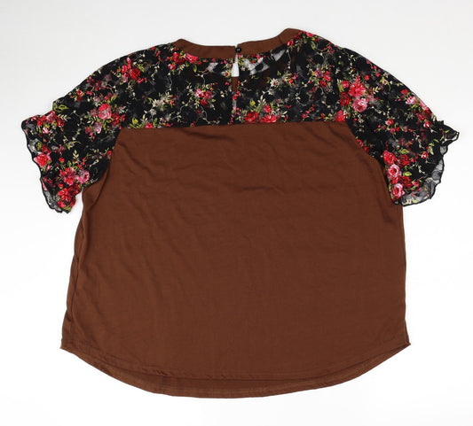 SheIn Womens Brown Floral Polyester Basic T-Shirt Size 2XL Round Neck