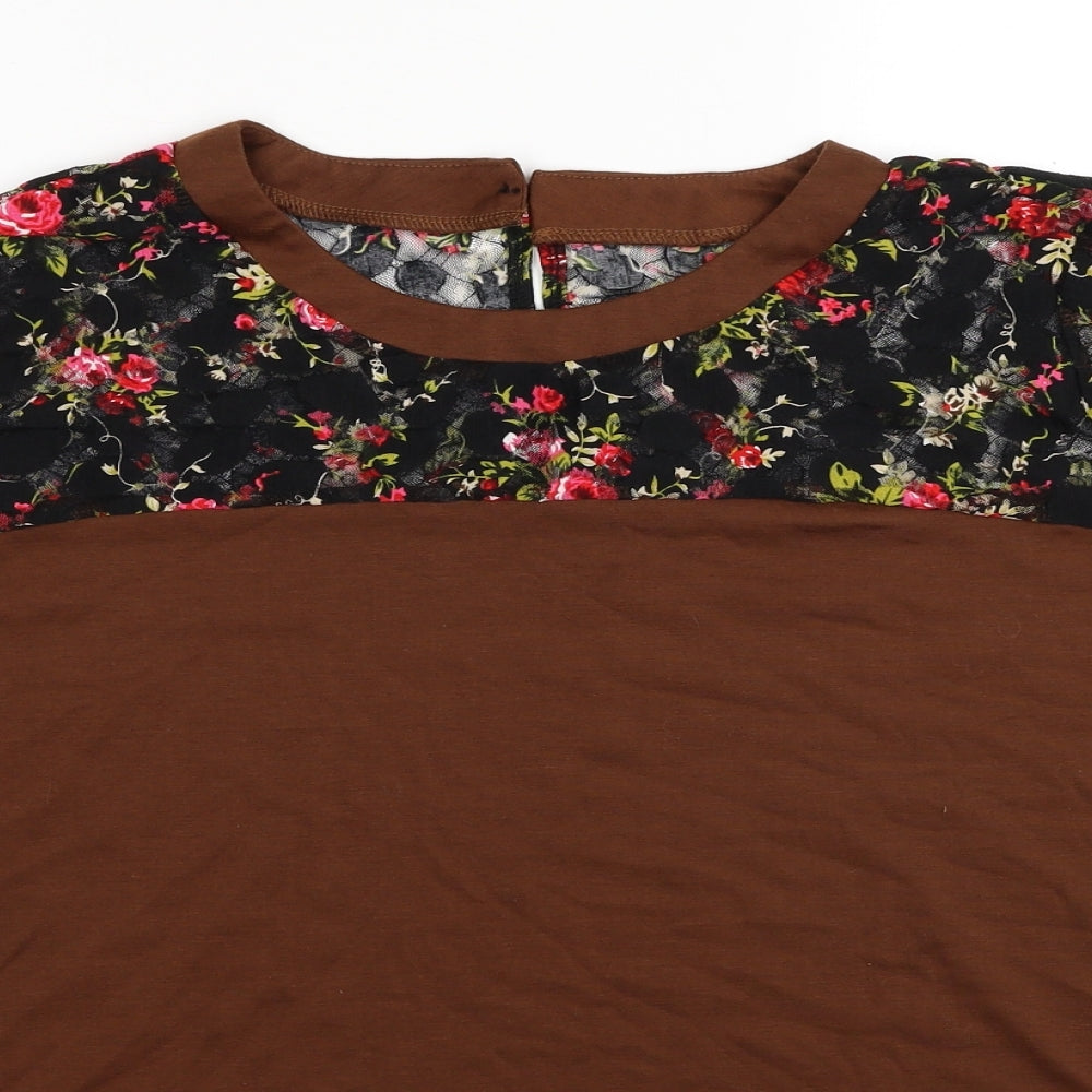 SheIn Womens Brown Floral Polyester Basic T-Shirt Size 2XL Round Neck