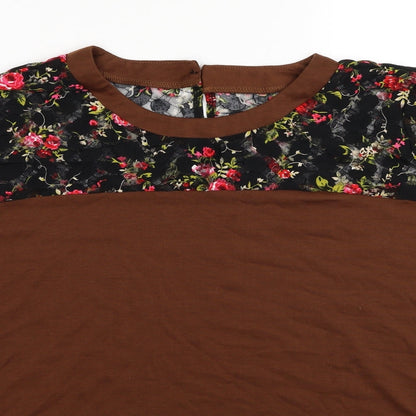 SheIn Womens Brown Floral Polyester Basic T-Shirt Size 2XL Round Neck