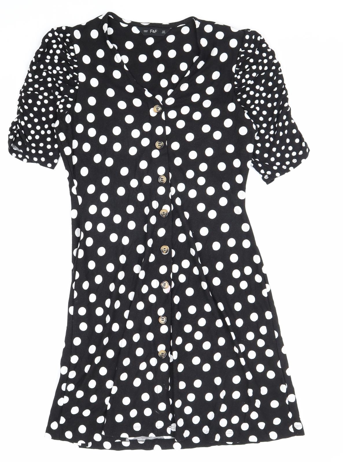 F&F Womens Black Polka Dot Viscose A-Line Size 10 V-Neck Button