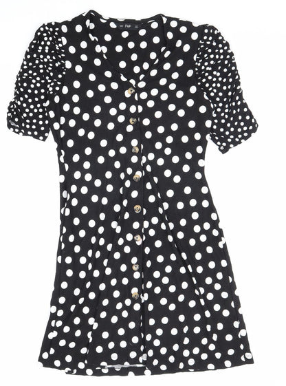 F&F Womens Black Polka Dot Viscose A-Line Size 10 V-Neck Button
