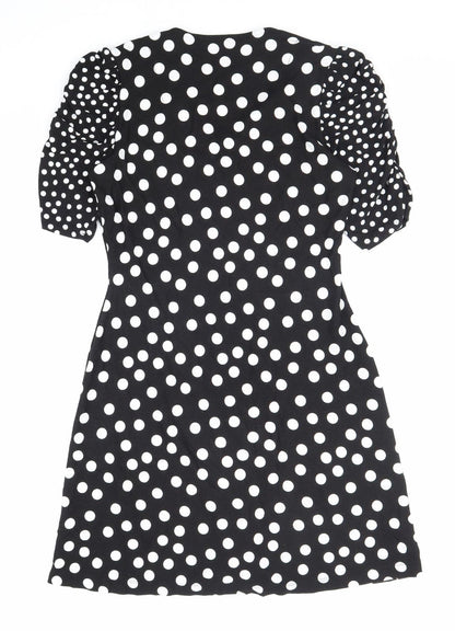 F&F Womens Black Polka Dot Viscose A-Line Size 10 V-Neck Button
