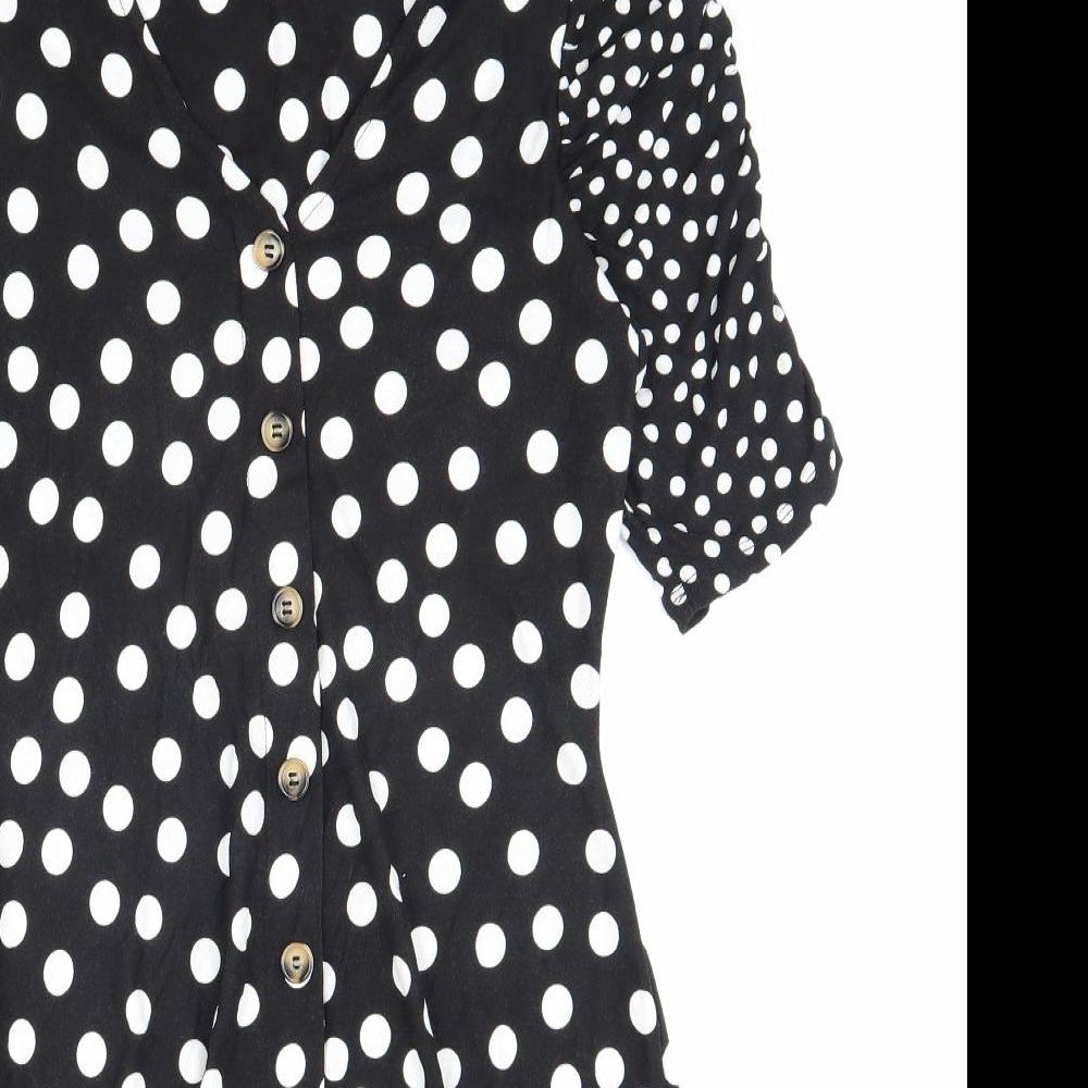 F&F Womens Black Polka Dot Viscose A-Line Size 10 V-Neck Button