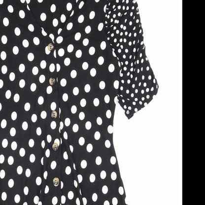 F&F Womens Black Polka Dot Viscose A-Line Size 10 V-Neck Button