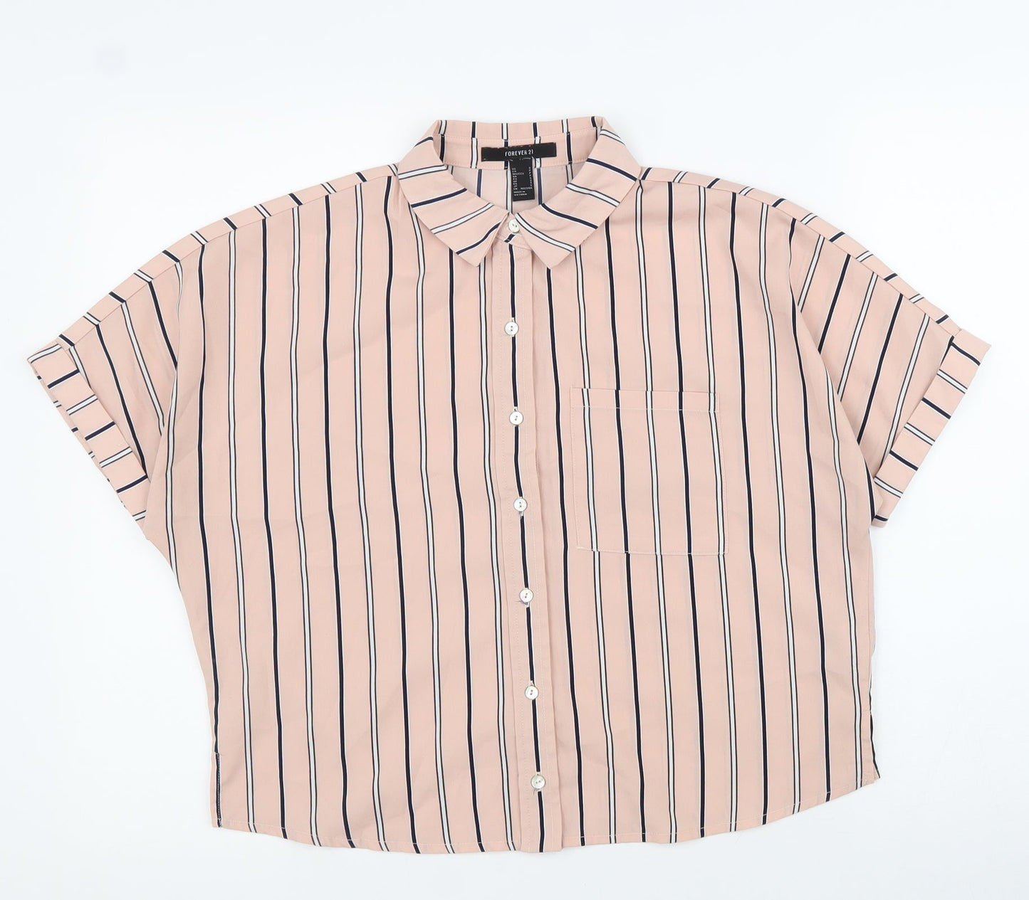 FOREVER 21 Womens Pink Striped Polyester Basic Button-Up Size S Collared - Box Fit Shirt
