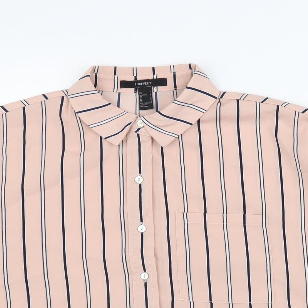 FOREVER 21 Womens Pink Striped Polyester Basic Button-Up Size S Collared - Box Fit Shirt