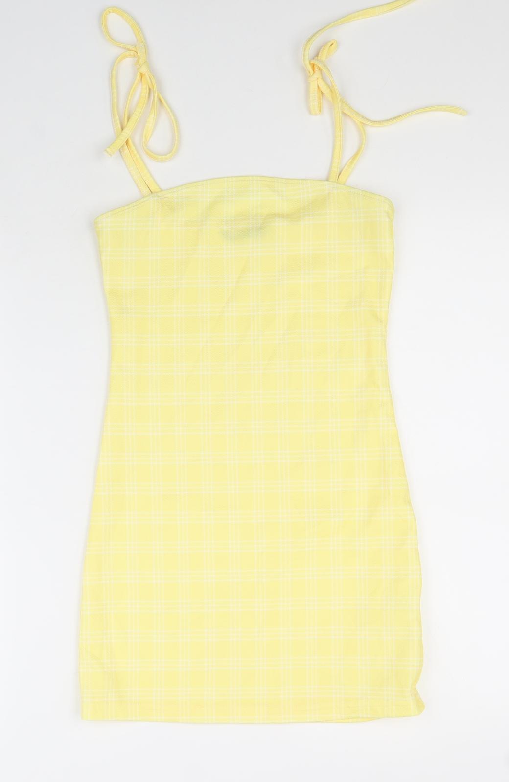 SheIn Womens Yellow Check Polyester Bodycon Size XS Square Neck Pullover