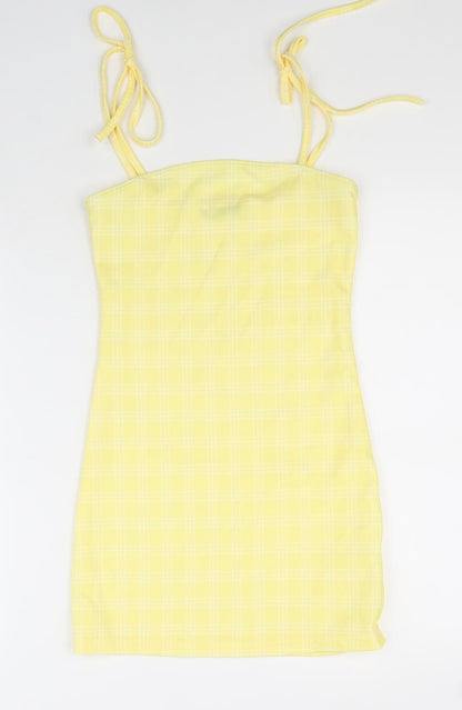 SheIn Womens Yellow Check Polyester Bodycon Size XS Square Neck Pullover