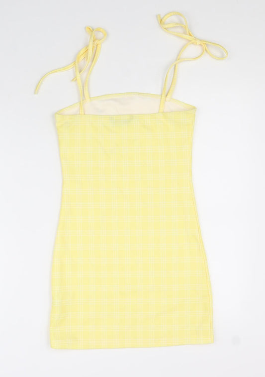 SheIn Womens Yellow Check Polyester Bodycon Size XS Square Neck Pullover