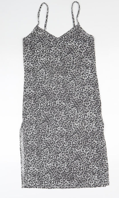 Boohoo Womens Black Animal Print Polyester Slip Dress Size 6 V-Neck Pullover