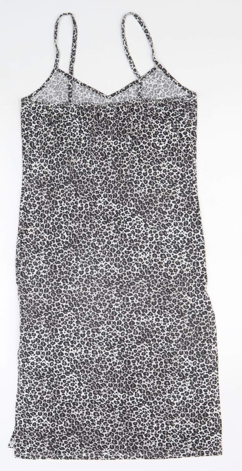 Boohoo Womens Black Animal Print Polyester Slip Dress Size 6 V-Neck Pullover