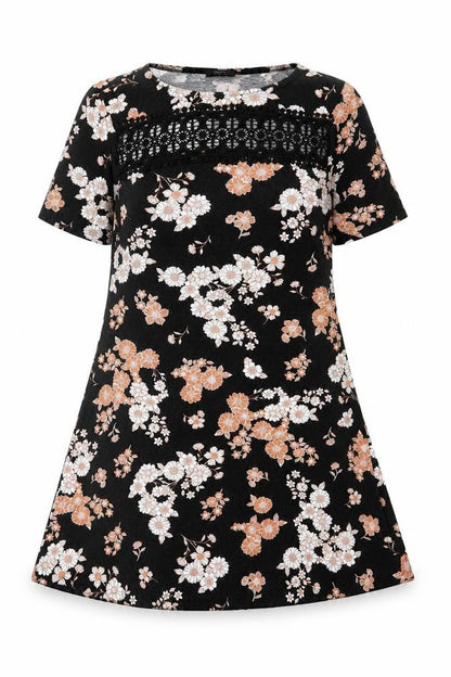 F&F Womens Black Floral Viscose A-Line Size 6 Round Neck Pullover