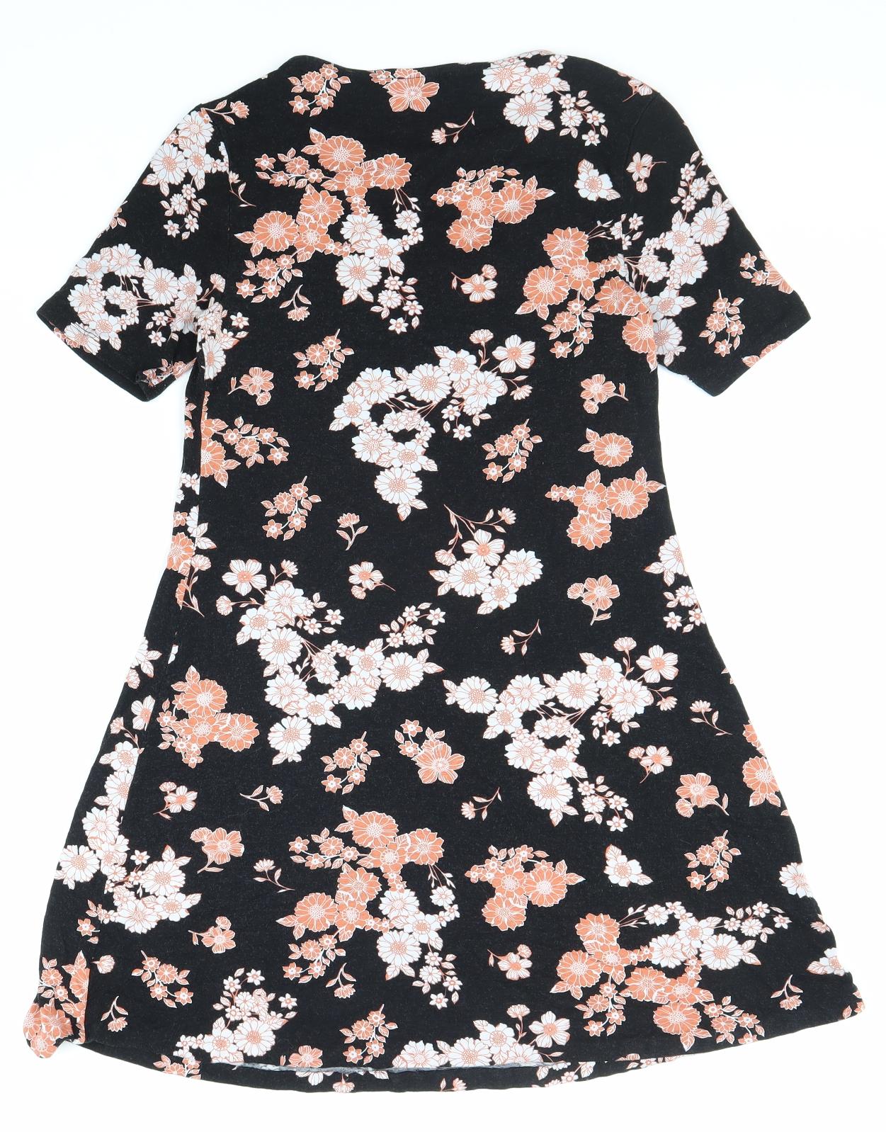 F&F Womens Black Floral Viscose A-Line Size 6 Round Neck Pullover