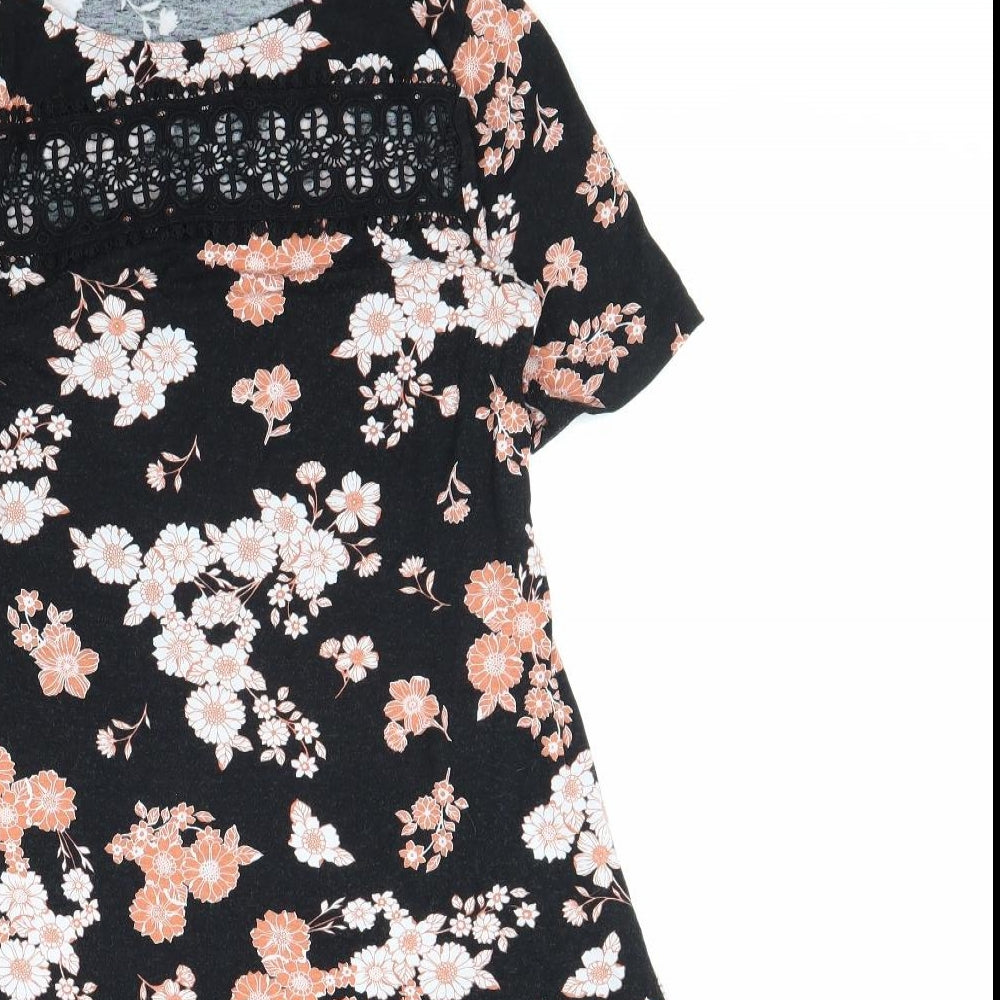 F&F Womens Black Floral Viscose A-Line Size 6 Round Neck Pullover