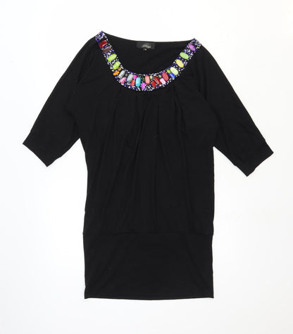 Madam Rage Womens Black Polyester T-Shirt Dress Size 10 Scoop Neck Pullover - Embellished Neckline