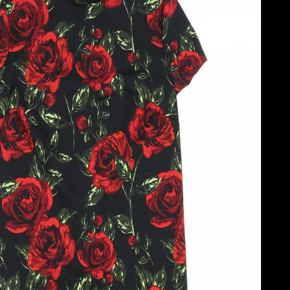 TU Womens Black Floral Polyester Sheath Size 8 Mock Neck Zip - Roses