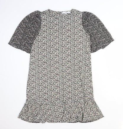 NEXT Womens White Floral Polyester Shift Size 8 Round Neck Button