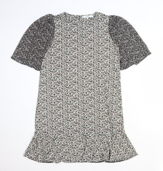 NEXT Womens White Floral Polyester Shift Size 8 Round Neck Button