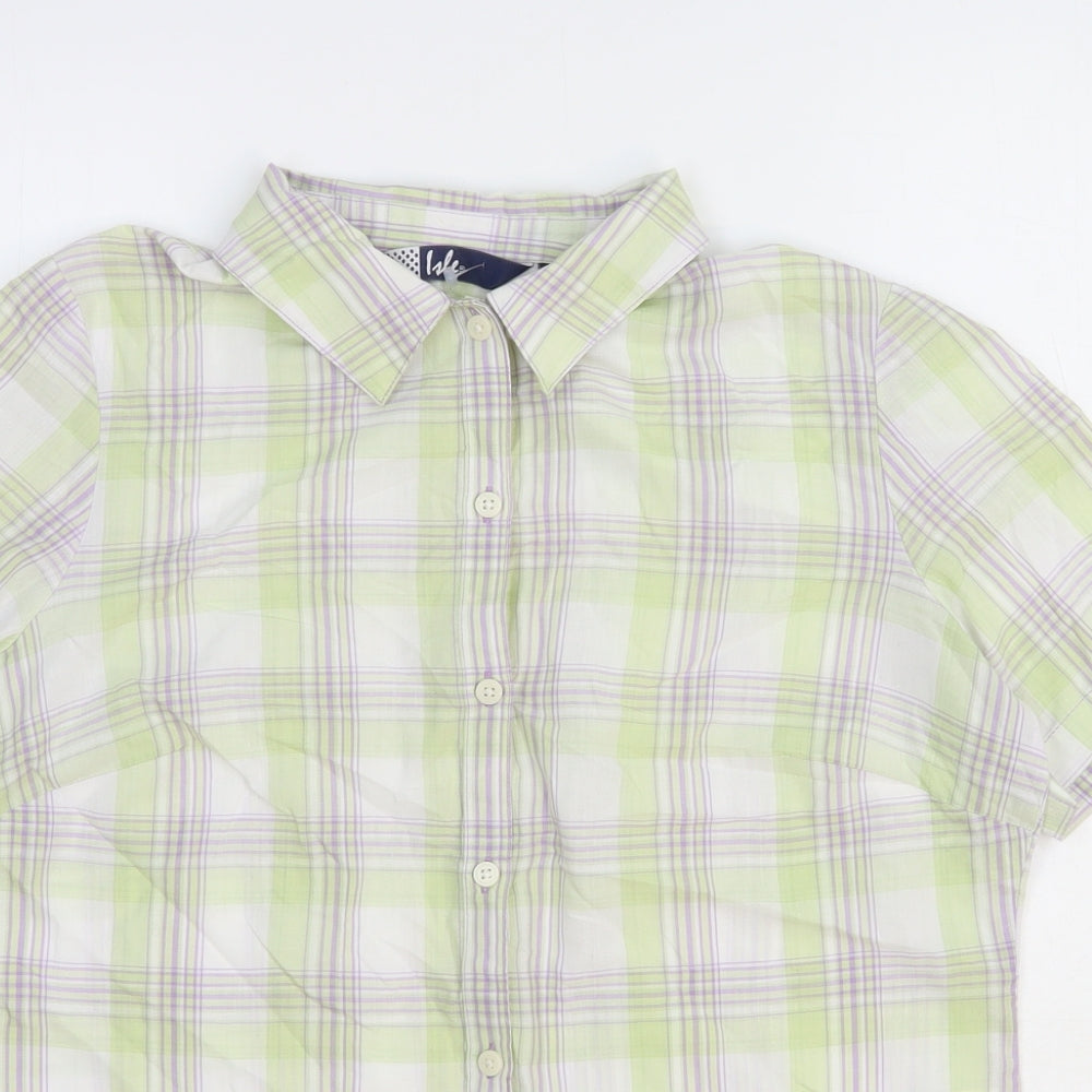EWM Womens Green Check Polyester Basic Button-Up Size 12 Collared