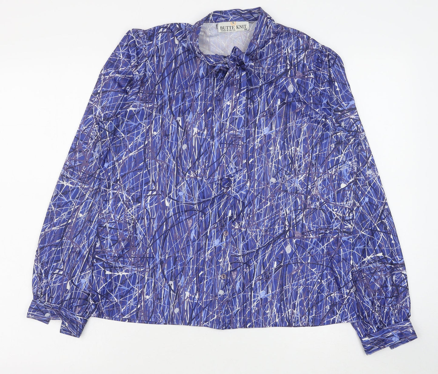 Butte Knit Womens Blue Geometric Polyester Basic Button-Up Size 14 Round Neck