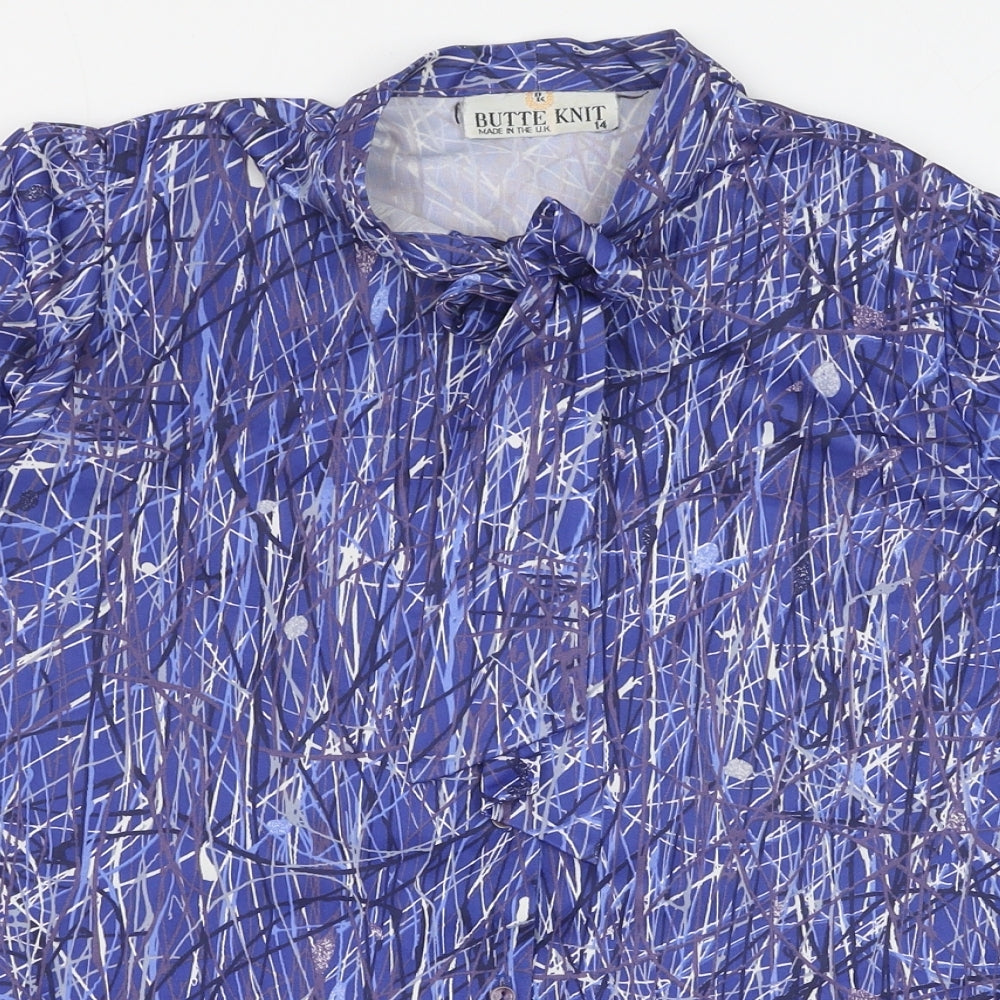 Butte Knit Womens Blue Geometric Polyester Basic Button-Up Size 14 Round Neck