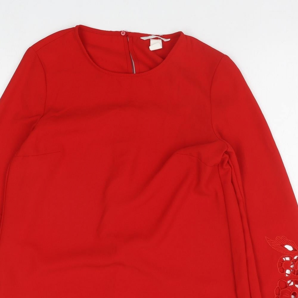 H&M Womens Red Polyester Shift Size 6 Round Neck Button