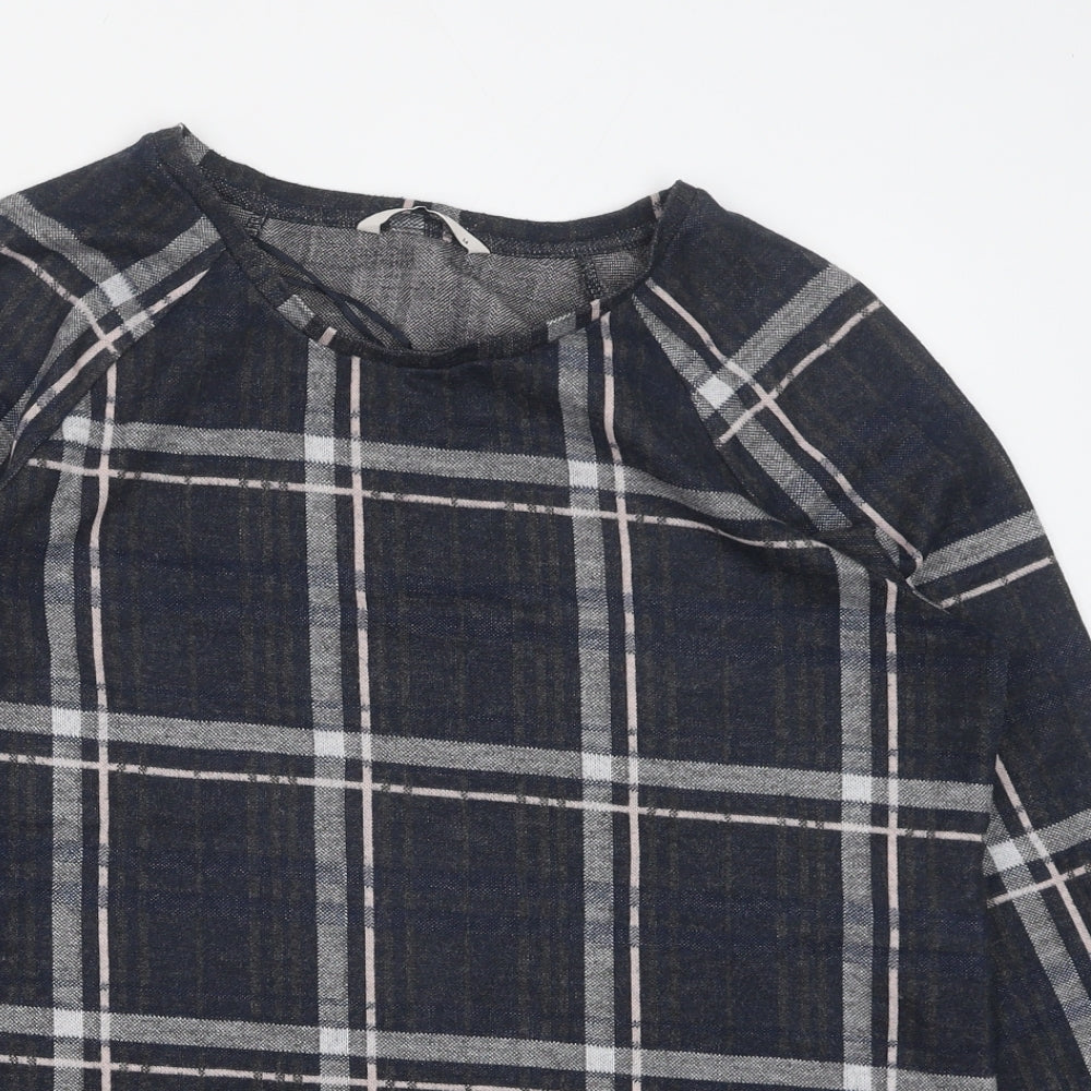 TU Womens Black Plaid Polyester Basic Blouse Size 14 Scoop Neck