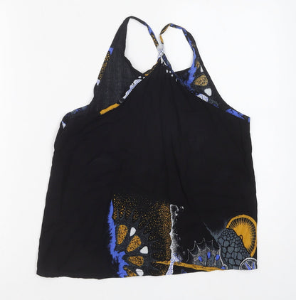 OCEAN Womens Black Geometric Cotton Camisole Tank Size L Scoop Neck - Racerback