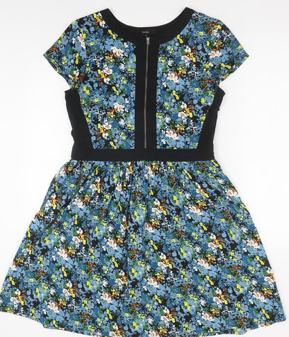 Therapy Womens Blue Floral Polyester Fit & Flare Size 12 Round Neck Zip