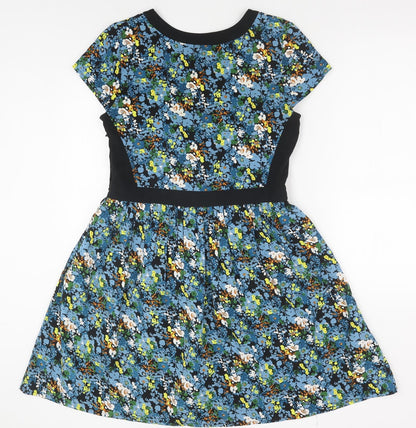 Therapy Womens Blue Floral Polyester Fit & Flare Size 12 Round Neck Zip