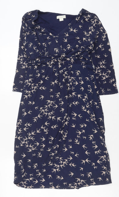 Monsoon Womens Blue Geometric Viscose A-Line Size 10 V-Neck Pullover - Birds