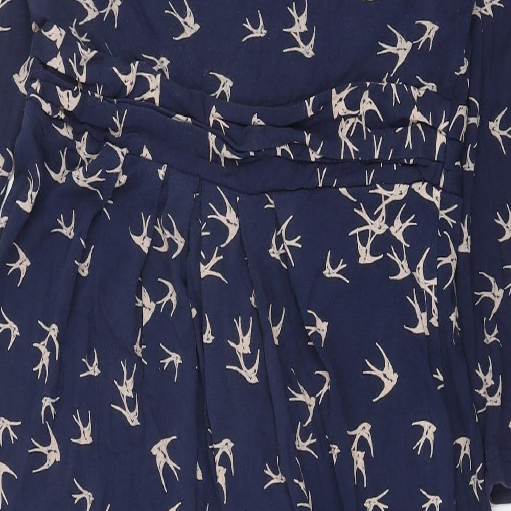 Monsoon Womens Blue Geometric Viscose A-Line Size 10 V-Neck Pullover - Birds