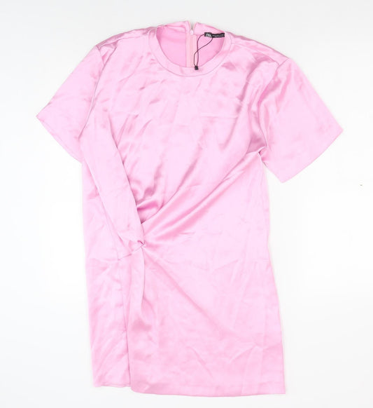 Zara Womens Pink Polyester T-Shirt Dress Size M Crew Neck Zip - Twist Detail