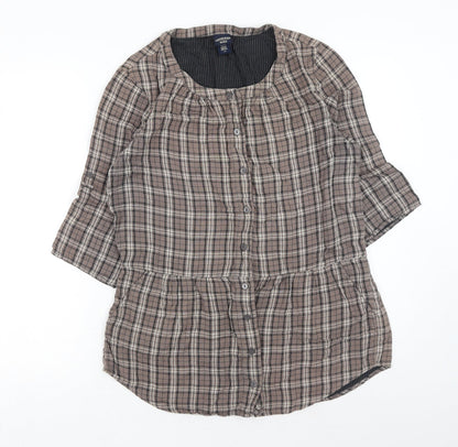 Canyon River Blues Womens Brown Plaid Cotton Basic Button-Up Size L Scoop Neck