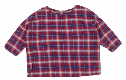 Essentiel Womens Red Plaid 100% Cotton Basic T-Shirt Size 12 Round Neck