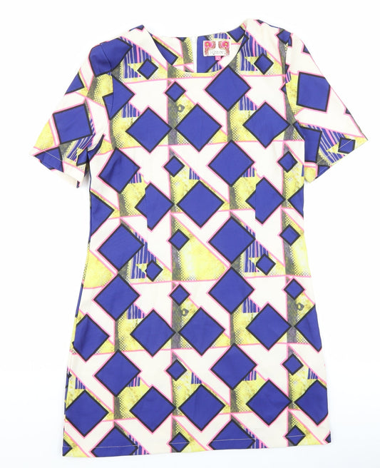 Ribbon Womens Multicoloured Geometric Polyester Shift Size 10 Round Neck Zip