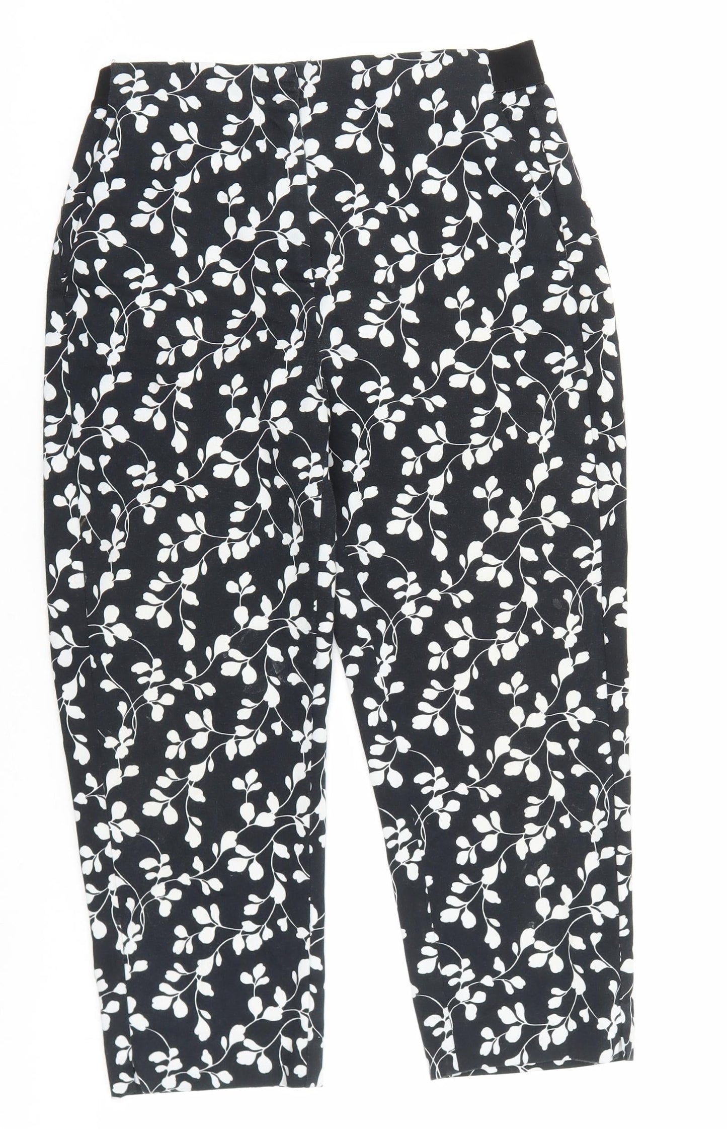 Marks and Spencer Womens Black Floral Cotton Trousers Size 10 L21 in Slim Zip