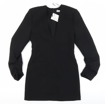 Zara Womens Black Polyester Sheath Size XS V-Neck Zip