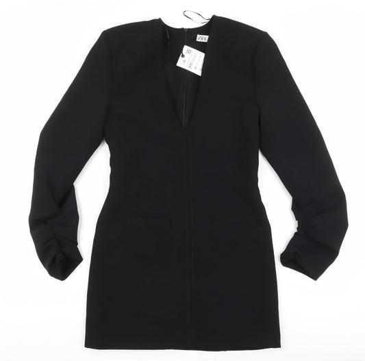 Zara Womens Black Polyester Sheath Size XS V-Neck Zip